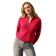 (S, Red) Suéter de mujer de otoño con cremallera, manga larga, cuello alto, color liso, tejido de punto y 2 bolsillos.
