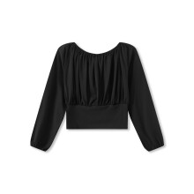 (S, Black) Haut court d'automne femme, couleur unie, épaules dénudées, manches longues, ajusté, style streetwear
