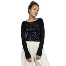 (S, Black) Hauts à pois femme, col bateau, manches longues, ajusté, style décontracté, parfaits pour l'automne.