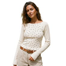 (L, Apricot) Hauts à pois femme, col bateau, manches longues, ajusté, style décontracté, parfaits pour l'automne.