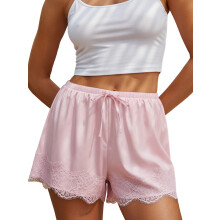 (S, Pink) Short d'été femme à cordon, ample et décontracté, élégant, uni, bordé de dentelle, taille mi-haute