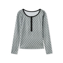 (S, Gray) Hauts à manches longues pour femmes avec cœur, col rond, demi-boutonnés, style streetwear automne