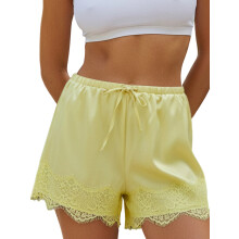 (S, Light Yellow) Short d'été femme à cordon, ample et décontracté, élégant, uni, bordé de dentelle, taille mi-haute