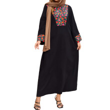 (L, Black) Abayas pour femmes, kaftans à imprimé floral, manches longues, col rond, robes marocaines de Dubaï