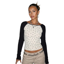 (L, White) Hauts à pois femme, col bateau, manches longues, ajusté, style décontracté, parfaits pour l'automne.