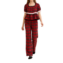(S, Red) Dámský 2dílný kostkovaný outfit, krátký rukáv, volný střih, elastický pas, široké nohavice