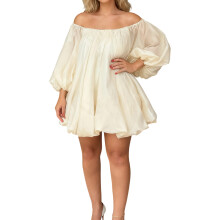 (XXL, Ivory) Robe bustier femme, élégante robe plissée unie à manches longues et manches longues, coupe ample, mini-robe