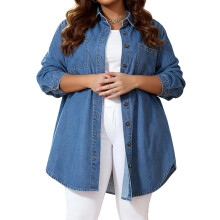 (XXXXL, Blue) Chemise en jean femme grande taille, boutonnée, décontractée, élégante, col rabattu, manches longues.