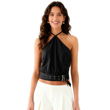 (M, Black) Débardeurs d'été sans manches à col halter pour femmes, dos nu, coupe ajustée, boucle en cuir