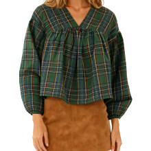 (M, Green) Blouse femme printemps-automne à carreaux, manches bouffantes, col en V, dos noué, coupe ample, style streetwear.