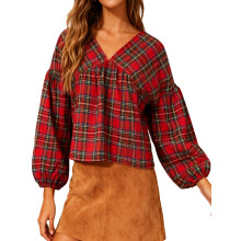 (M, Red) Blouse femme printemps-automne à carreaux, manches bouffantes, col en V, dos noué, coupe ample, style streetwear.