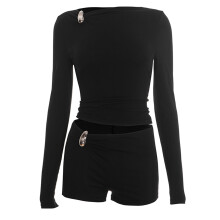(S, Black) Dámský jarní outfit, úzký top s dlouhým rukávem a mini kraťasy, 2dílná sada na párty