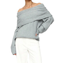 (XL, Gray) Suéter de mujer holgado, con hombros descubiertos, elegante y casual, de color liso, cuello barco y manga larga.