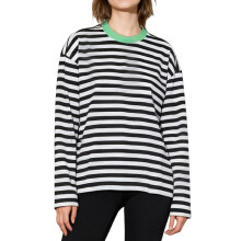 (S, Black) T-shirt rayé automne femme, coupe ample, décontracté et élégant, col rond, manches longues.