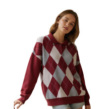 (S, Burgundy) Blusa de punto para mujer, manga larga, cuello con solapa, estampado de rombos, jersey con botones de un cuarto.