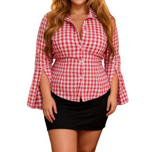 (XXL, Rose Red) Chemises boutonnées pour femmes, manches longues fendues, imprimé à carreaux, taille cintrée, blouse d'automne