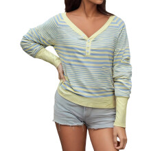 (M, Yellow) T-shirt rayé à manches longues et col en V pour femme, coupe ample, idéal pour un look décontracté au quotidien.