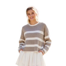 (L, Dark Khaki) Pulover cu dungi pentru femei, toamnă-iarnă, casual, guler rotund, mânecă lungă, croială lejeră.