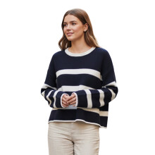 (S, Navy Blue) Pulover cu dungi pentru femei, toamnă-iarnă, casual, guler rotund, mânecă lungă, croială lejeră.