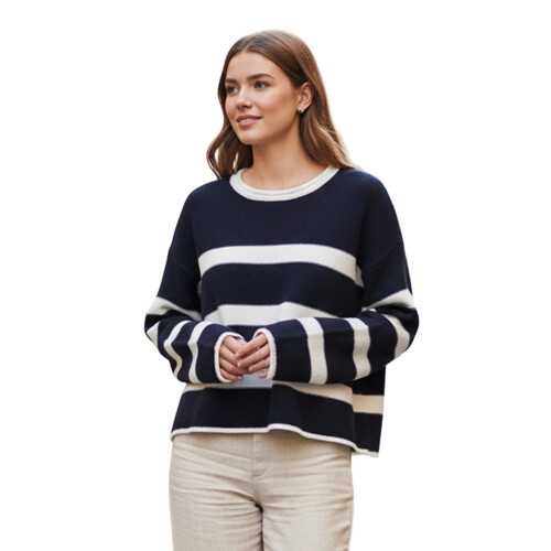 (M, Navy Blue) Γυναικείο Ριγέ Πουλόβερ Στρογγυλή Λαιμόκοψη