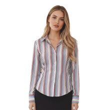 (S, Light Purple) Gestreifte Damen-Herbstblusen, langärmlig, mit Umlegekragen, schmaler Passform und Knopfleiste