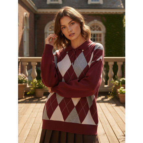 (S, Burgundy) Womens Knit Tops Fall Long Sleeve Lapel Collar Rhombus Pattern Quarter Button Pullover Sweater 2
