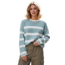 (S, Blue) Pulover cu dungi pentru femei, toamnă-iarnă, casual, guler rotund, mânecă lungă, croială lejeră.