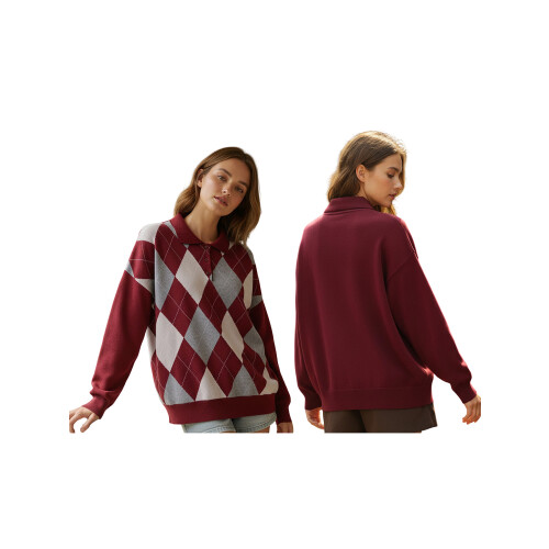 (S, Burgundy) Womens Knit Tops Fall Long Sleeve Lapel Collar Rhombus Pattern Quarter Button Pullover Sweater 1