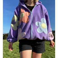 (S, Purple) Felpe con cappuccio e zip da donna, maniche lunghe, alla moda, con patchwork floreale, top autunnali
