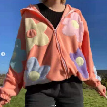 (S, Coral Red) Felpe con cappuccio e zip da donna, maniche lunghe, alla moda, con patchwork floreale, top autunnali