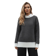 (S, Gray) Suéter de punto para mujer, manga larga, cuello alto, color contrastante, corte holgado, ideal para otoño.