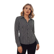 (L, Black) Gestreifte Damen-Herbstblusen, langärmlig, mit Umlegekragen, schmaler Passform und Knopfleiste
