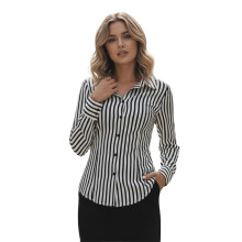 (XL, White) Gestreifte Damen-Herbstblusen, langärmlig, mit Umlegekragen, schmaler Passform und Knopfleiste