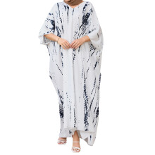 (L, White) Robe abaya longue d'été pour femme, style arabe, manches 3/4, col en V, coupe ample, style Moyen-Orient