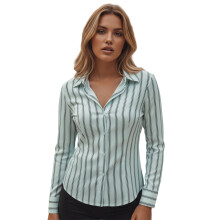 (M, Ivory) Chemises rayées d'automne pour femmes, manches longues, col rabattu, coupe ajustée, boutonnées