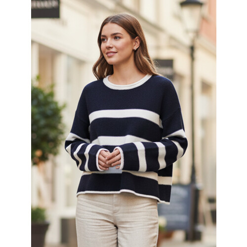(S, Navy Blue) Γυναικείο Ριγέ Πουλόβερ Στρογγυλή Λαιμόκοψη 1