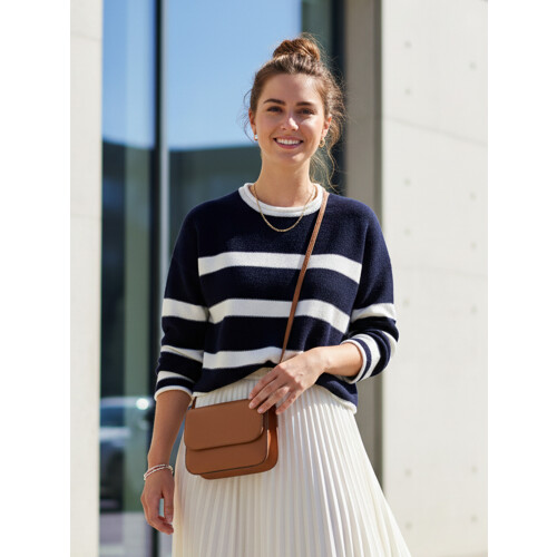 (M, Navy Blue) Γυναικείο Ριγέ Πουλόβερ Στρογγυλή Λαιμόκοψη 1