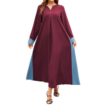 (M, Red) Robe longue pour femme, style oriental, couleurs contrastées, coupe ample, col en V, manches longues