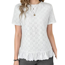 (M, White) T-shirt d'été ample femme, coupe tendance, manches courtes, col rond, jacquard.