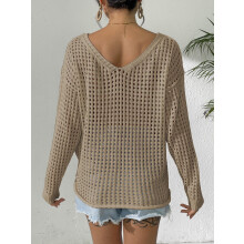 (One Size, Khaki) Chemises ajourées pour femmes, amples, unies, col V, manches longues, transparentes
