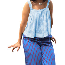 (L, Blue) Débardeur femme sans manches en dentelle, fermé par des boutons, idéal pour l'été et les soirées.
