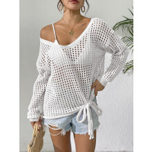 (One Size, White) Chemises ajourées pour femmes, amples, unies, col V, manches longues, transparentes