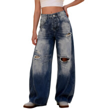 (L, Blue) Jean large pour femme, pantalon ample vintage taille haute déchiré avec poches, style streetwear