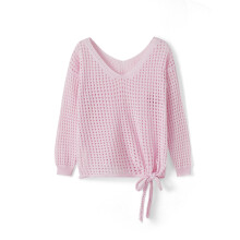 (One Size, Pink) Chemises ajourées pour femmes, amples, unies, col V, manches longues, transparentes