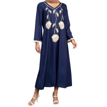 (L, Blue) Abayas et caftans femmes, imprimé floral, manches longues, col V, style marocain, robes de Dubaï printemps été.