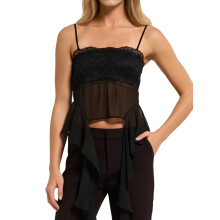 (M, Black) Débardeurs en dentelle transparente pour femmes, col carré fleuri, bretelles spaghetti, style streetwear estival.