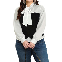 (XL, Black) Bluze de toamnă pentru femei, mărime plus, din două piese, cu guler lung, ideale pentru birou