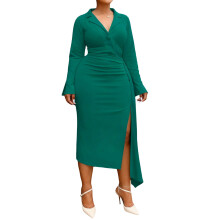 (XXL, Army Green) Robe d'automne grande taille pour femme, manches longues, col en V, couleur unie, fente latérale, moulante