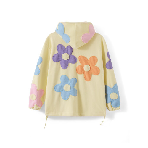 (S, Yellow) Felpe con cappuccio e zip da donna, maniche lunghe, alla moda, con patchwork floreale, top autunnali 1