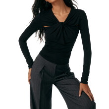 (M, Black) Chemisier femme basique printemps-été, manches longues, unie, coupe ajustée, nœud devant